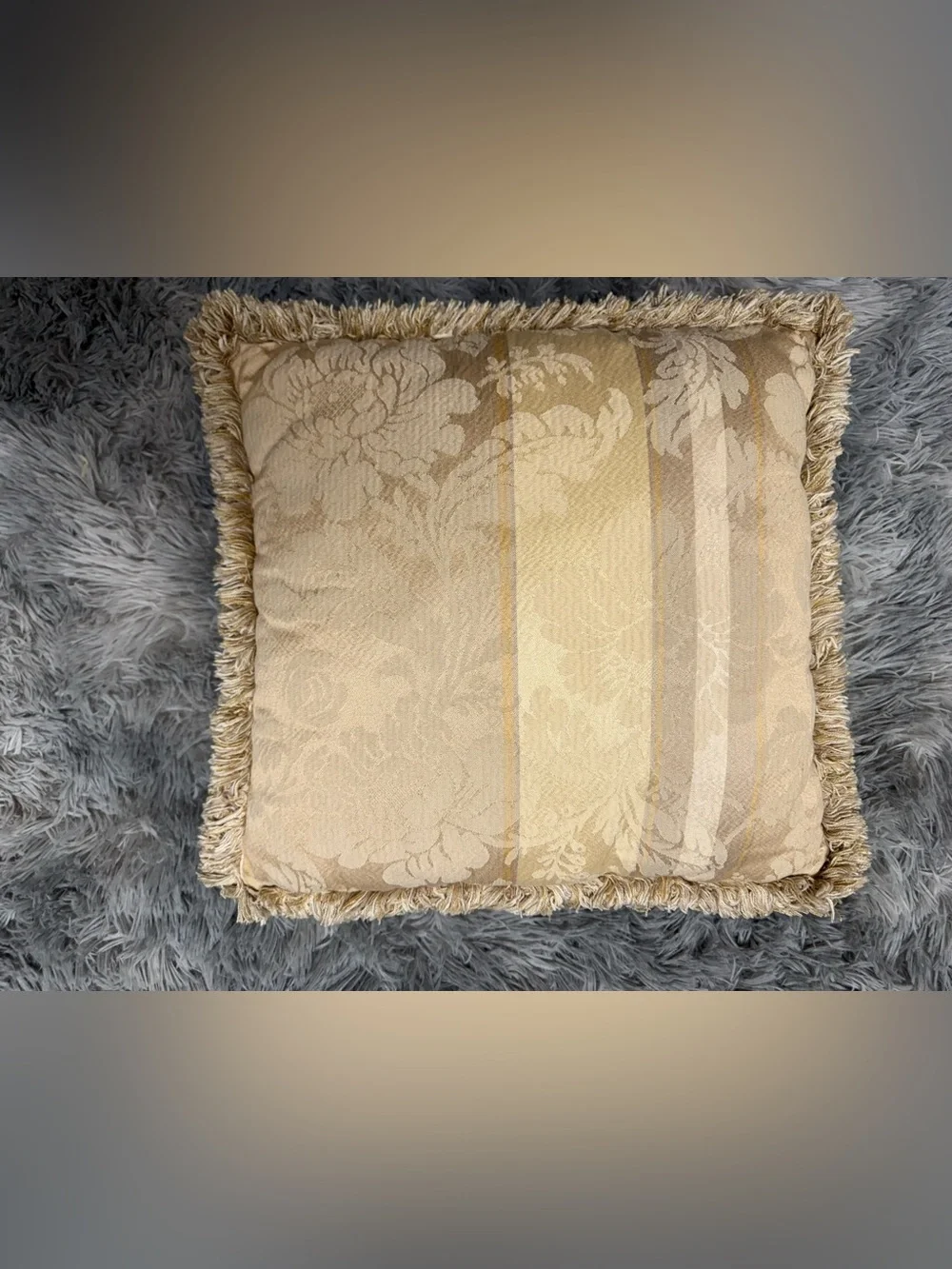 Elegant Ivory and Gold Damask Fringe Pillow